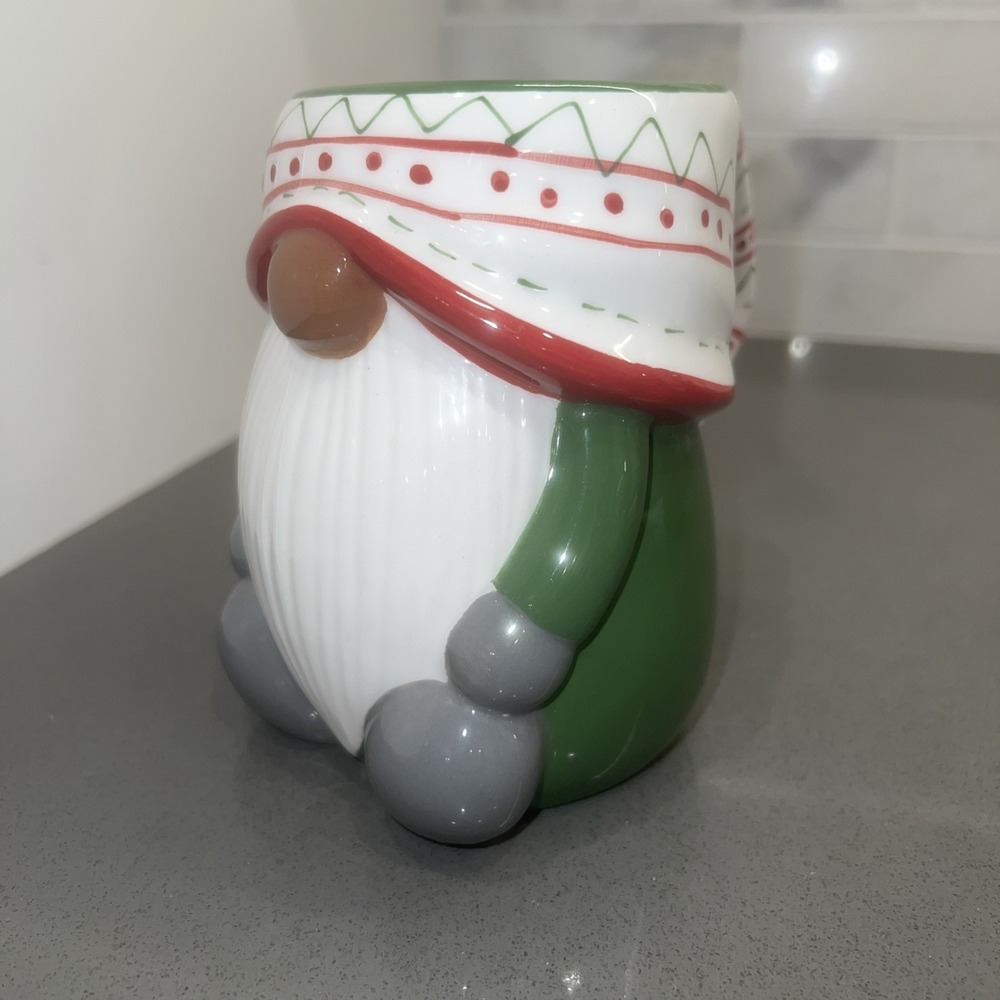 Pottery Barn Festive Gnome Mug Holiday Christmas Green Red Gray